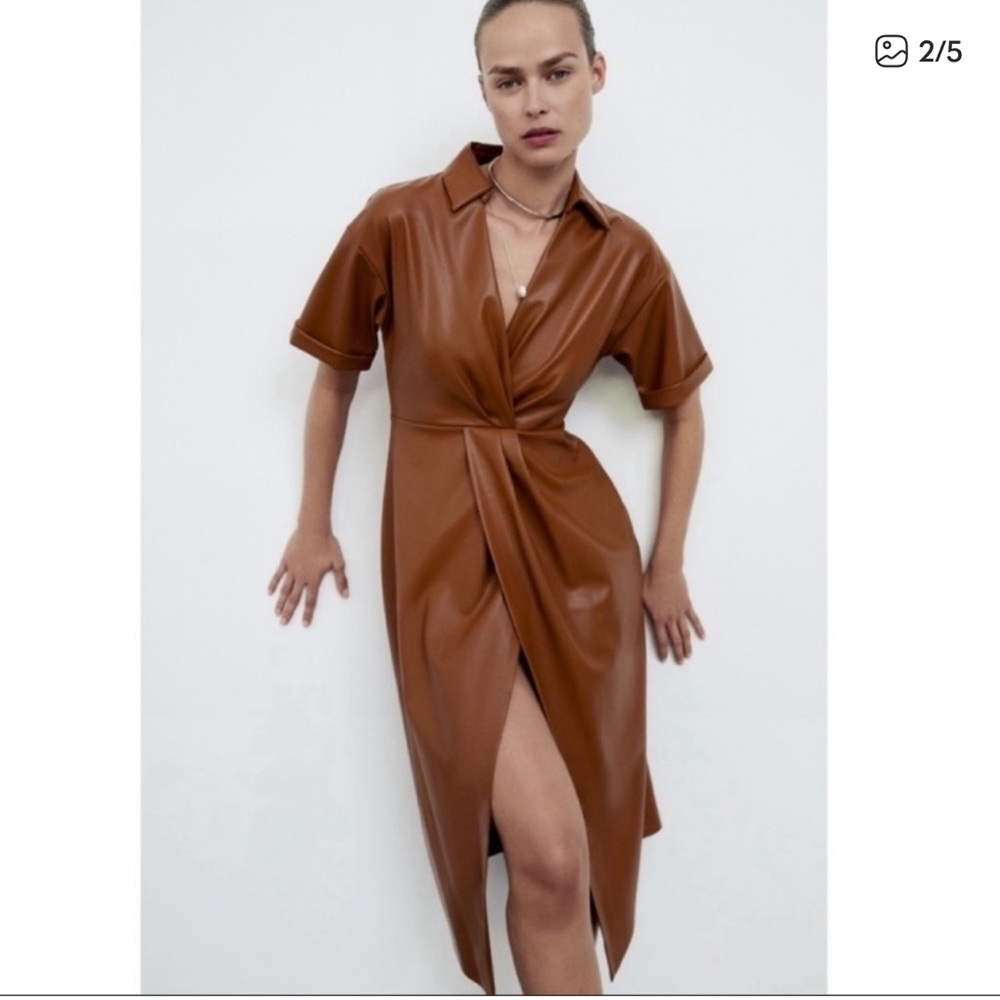 Zara Tan Faux Leather Twist Midi Dress